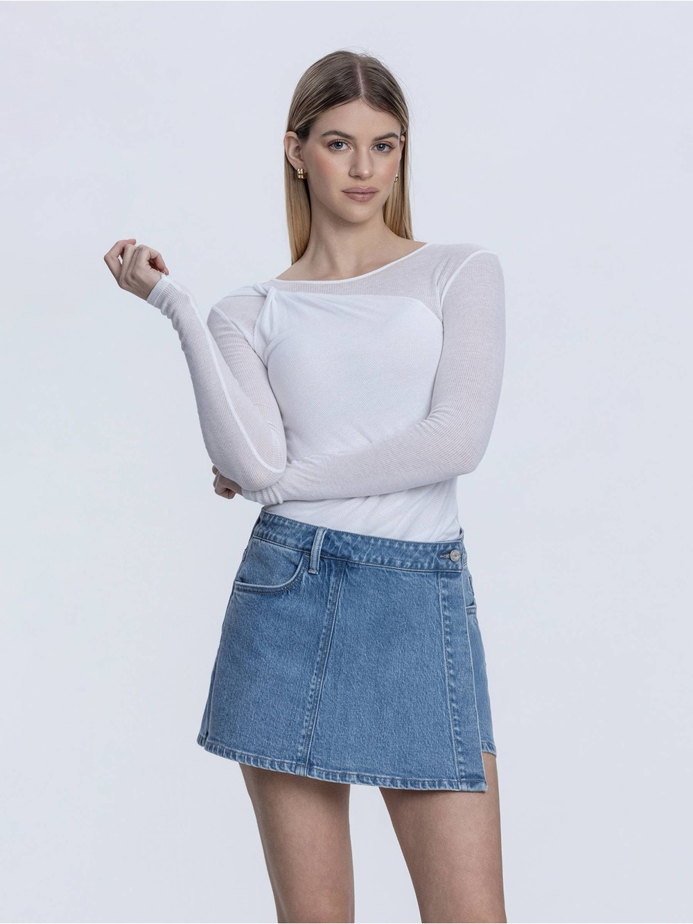 VERVET by Flying Monkey Lavishly High Rise Medium Wash Denim Wrap Skort